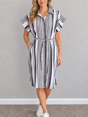 QED London Navy White Striped Linen Cotton Blend Belted Shirt Dress Size 12 NWT